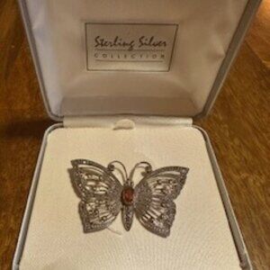 Vintage Sterling Silver Garnet Butterfly Brooch